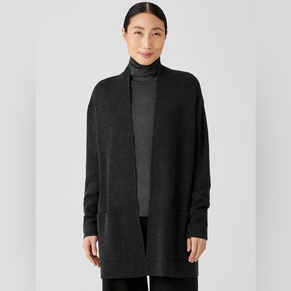 Eileen Fisher Charcoal Grey Merino Wool Long/Duster Cardigan Sweater size XL